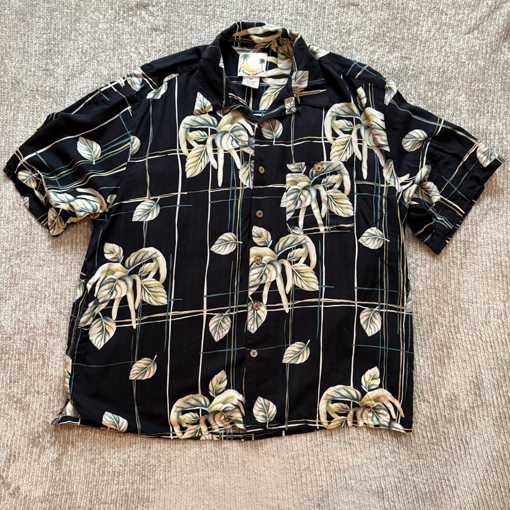 Banana Cabana Men’s Silk‎ Hawaiian Shirt XXL Black Leaf Print